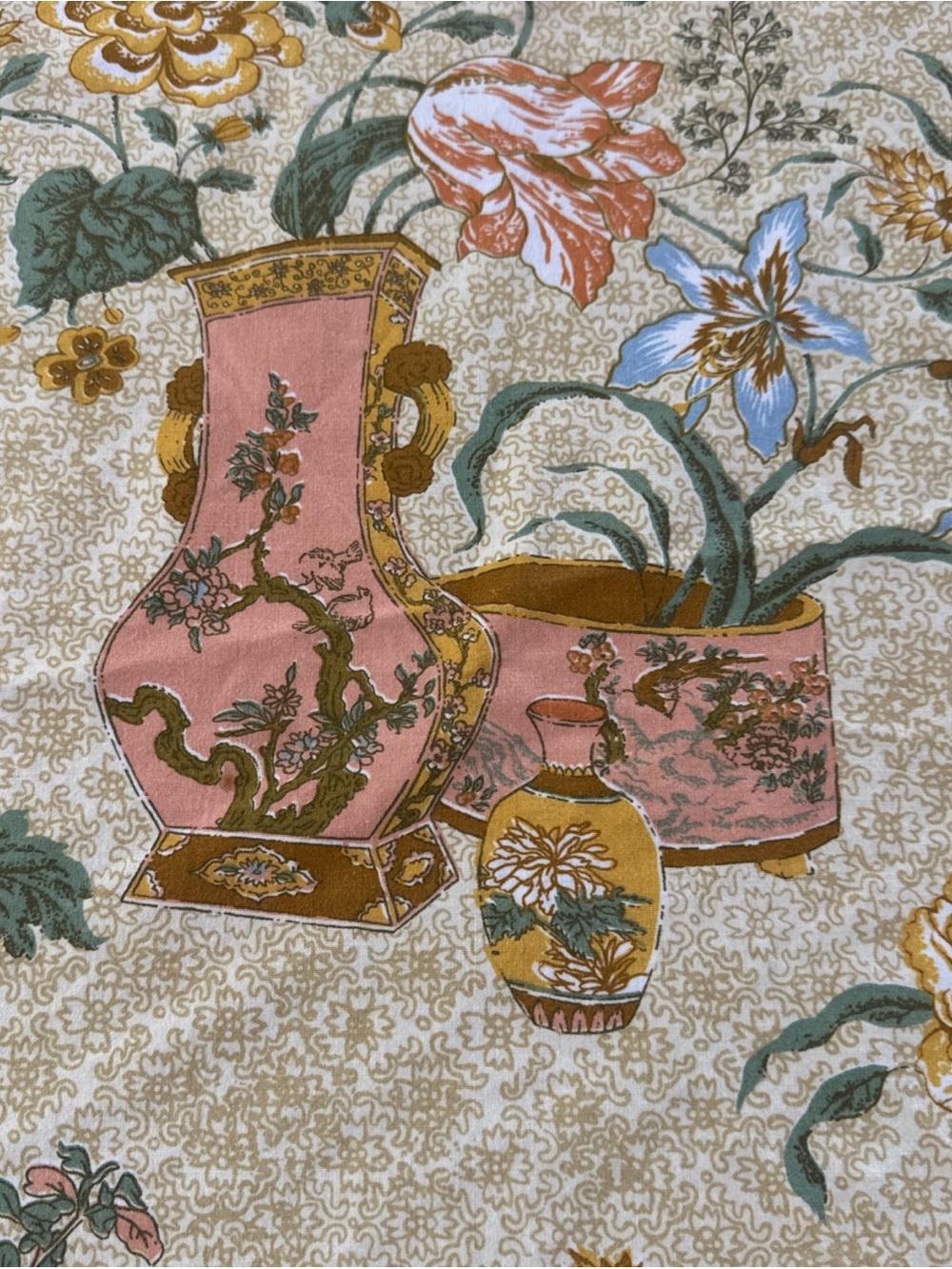 Vintage 60” Round Tablecloth Floral Asian Vase Print Pink Gold Cottagecore - Picture 2 of 6